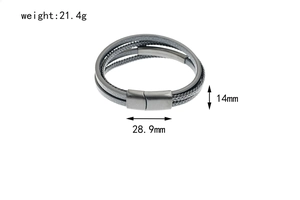 Detail of multi-layer braided leather bracelet with magnetic clasp showing 14mm width