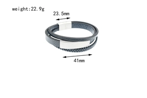 Detail view showing dimensions of a triple-layer black leather bracelet with magnetic clasp