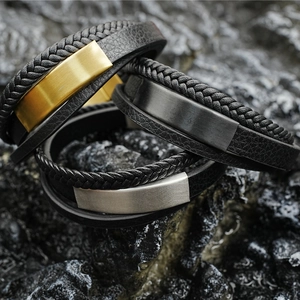 Men Multi-layer Leather Braided Bracelet With Titanium Steel Metal Plaque Magnetic Clasp Polished Punk Jewelry Bracelet