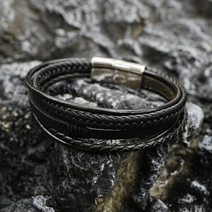 Retro multi-layer black braided leather bracelet for men with silver metal buckle