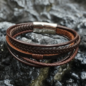 Retro multi-layer woven leather bracelet for men with brown straps and silver metal clasp
