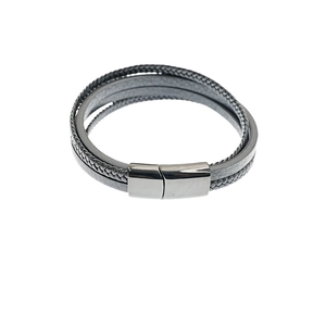Bracelet multicouche en cuir tressé avec fermoir magnétique en acier inox gris foncé