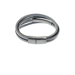 Minimalist multilayer leather and woven rope bracelet with matte metal magnetic clasp