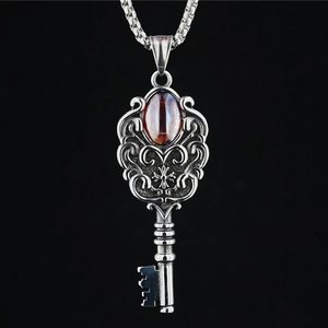 Vintage Stainless Steel Key Pendant Necklace With Red Stone Inlaid Gothic Distressed Cross Flower Jewelry For Men Women
