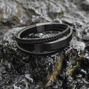 Three-layer black leather braided bracelet for men with matte magnetic steel buckle
