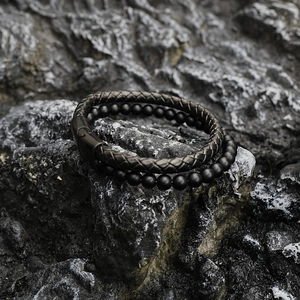 Bracelet double couche pour homme en cuir tressé noir et perles de pierre de lave