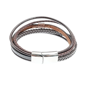 Men's multilayer leather bracelet with braided strands and silver magnetic clasp