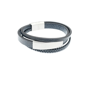 Three-layer men's braided leather bracelet with stainless steel magnetic clasp and metal plates