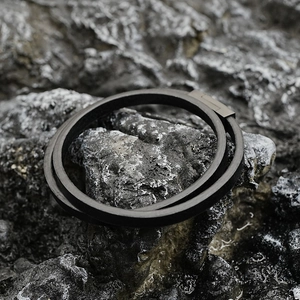 Double-layered black leather bracelet for men with dark grey magnetic metal clasp