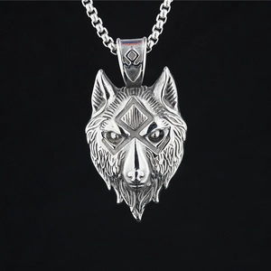 Vintage Stainless Steel Wolf Head Pendant Necklace Norse Rune Viking Hip Hop Style Heavy Metal Jewelry For Men Women