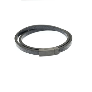 Men's double-layer black leather bracelet with a matte black magnetic metal clasp