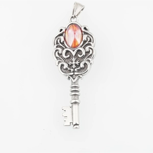 Retro stainless steel cross key pendant necklace with a vintage red gemstone inlay