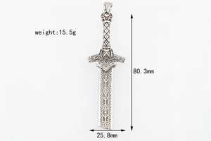 Macro shot of 15.5g vintage sword pendant with lion head carving and geometric patterns