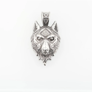 Nordic viking style stainless steel wolf head pendant necklace with engraved rune detail