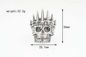 Detailed size specifications for crown skull ring showing dimensions 34mm height and 25g weight