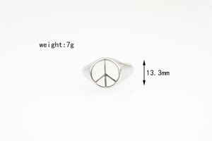 Detailed view of silver peace sign ring with 7g weight and 13.3mm height specs