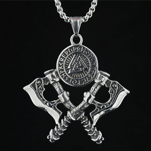 Collier Pendentif Double Hache Viking en Acier Inoxydable Symbole Valknut Rune Mythologie Nordique Argent Antique Bijoux Homme