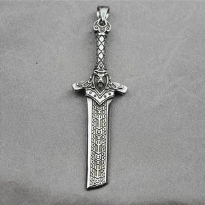Gothic sword pendant with lion head and viking runes in vintage stainless steel finish