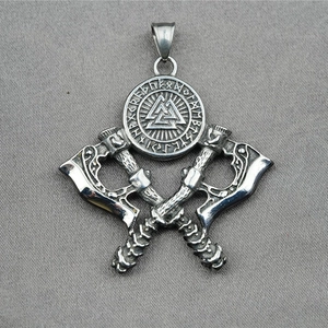 Collier hache double viking nordique avec symbole Valknut et runes gravées
