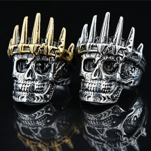 Vintage Gothic Punk Skull Ring With Crown Stainless Steel Biker Ring For Men Women Hip Hop Party Jewelry Retro Distressed Style