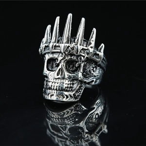 Vintage gothic titanium steel skull crown ring with distressed black finish for men and women