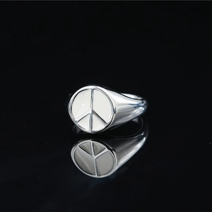 Polished silver peace sign signet ring with white enamel inlay for men and women