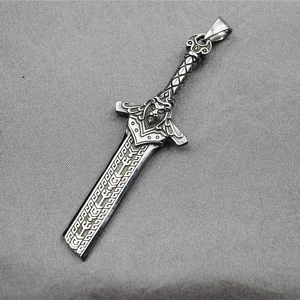 Gothic 3D sword pendant necklace with lion crest and runes on grey linen background