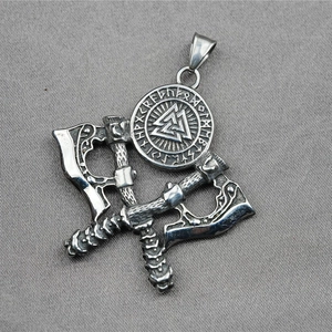 Pendentif hache double viking avec bouclier Valknut et runes en acier inoxydable vintage