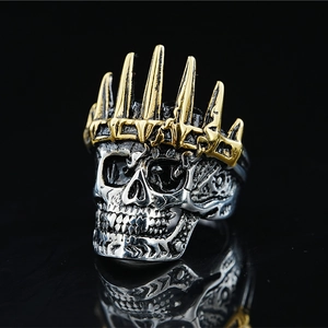 Retro gothic skull ring with golden crown, stainless steel hip hop jewelry for men