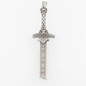 Gothic sword pendant necklace with lion head carving and Nordic tribal patterns in silver
