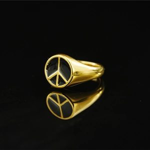 Minimalist gold plated peace sign signet ring with black enamel for men and women