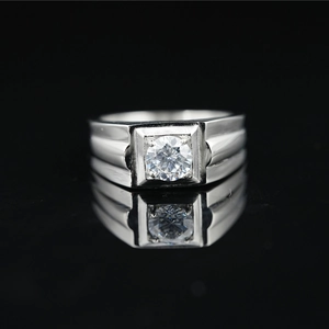 Men Titanium Steel Cubic Zirconia Ring Square Setting Polished Band Ribbed Design Retro Jewelry For Unisex Boys