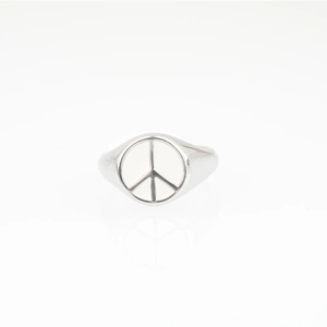 Silver peace sign signet ring with a polished finish and minimalist engraved emblem
