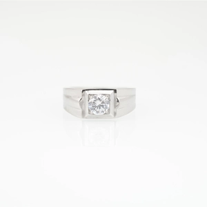 Modern men's silver ring with round moissanite in square setting and wide grooved band