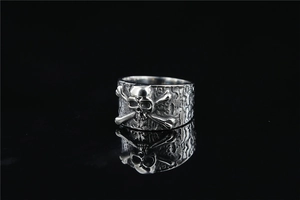 Macro detail of gothic skull ring with textured metal finish and dark vintage punk style