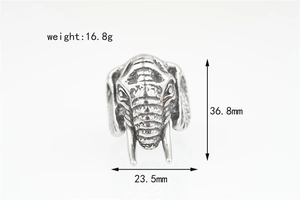Bague tête d'éléphant rétro en acier argenté avec gravures ethniques complexes