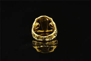 Detailed macro view of the skeleton-textured gold coffin ring with vintage finish