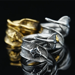 Vintage Titanium Steel Feather Open Ring With Cross Flower Gothic Punk Distressed Adjustable Hip Hop Statement Jewelry For Men Women