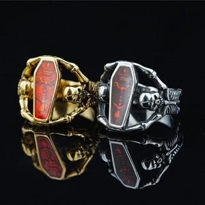 Gothic Titanium Steel Coffin Skeleton Ring For Men Vintage Dark Punk Style Red Enamel Crown Pattern Halloween Jewelry Finger Ring