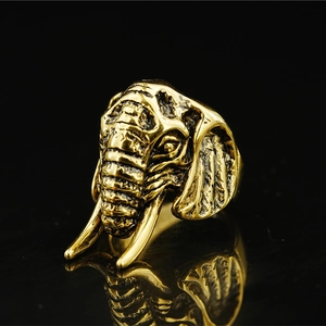 Bague tête d'éléphant gothique dorée en acier inoxydable style hip hop streetwear