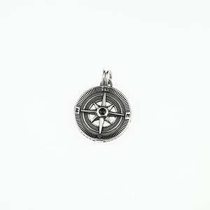Pendentif boussole vintage en argent oxydé avec pierre précieuse noire pour homme et femme