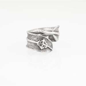 Retro oxidized silver feather ring with cross emblem in adjustable open design