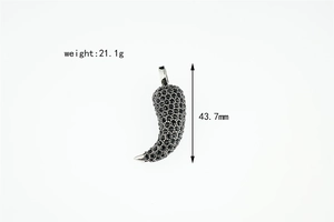 Macro view of black zircon chili pendant with weight 21.1g and 43.7mm length specs