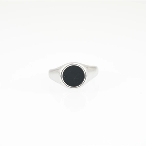 Minimalist silver signet ring for men and women featuring a round black enamel inlay detail