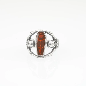 Gothic silver coffin ring with red mystical symbol and side skull carvings