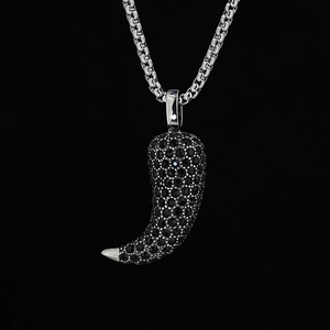 Hip Hop Titanium Steel Black Pave Rhinestone Italian Horn Chili Pendant Necklace Personalized Street Punk Jewelry For Men Women