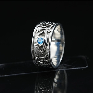 Vintage Titanium Steel Rose Eye Of Horus Ring Gothic Relief Blue Rhinestone Band Ring For Men Women Retro Jewelry Gift