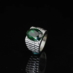 Titanium steel ring with large oval green gemstone and textured silver band for men