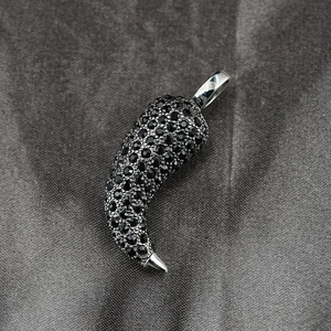 Hip hop silver pendant necklace with pave-set black stones in chili pepper horn design