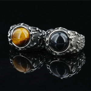 Vintage Gothic Bat Titanium Steel Ring Retro Punk Inlaid Tiger Eye Black Onyx Stone Statement Band Ring For Men Women